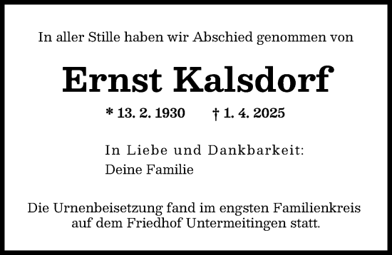 Traueranzeige von Ernst Kalsdorf von Augsburg-Land