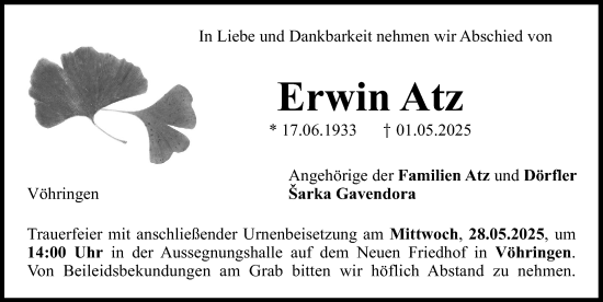 Traueranzeige von Erwin Atz von Illertisser Zeitung