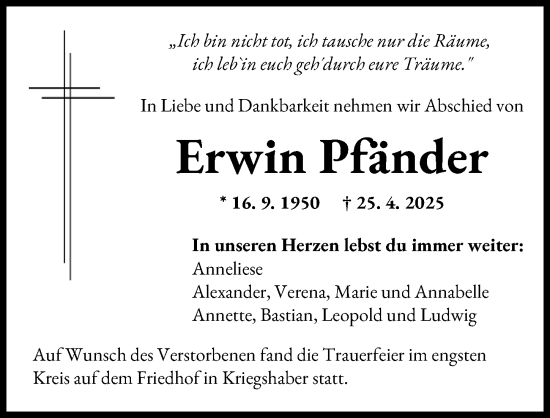 Traueranzeige von Erwin Pfänder von Augsburger Allgemeine
