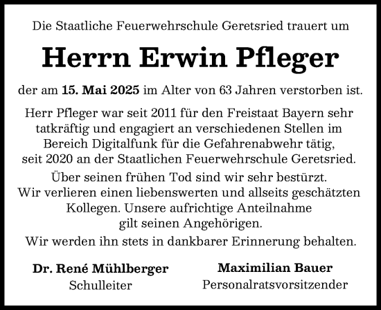 Traueranzeige von Erwin Pfleger von Neuburger Rundschau