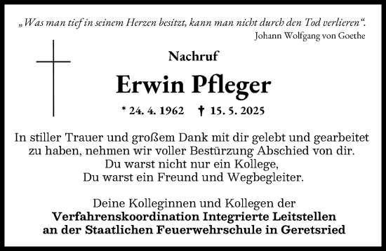 Traueranzeige von Erwin Pfleger von Neuburger Rundschau