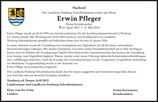 Traueranzeige von Erwin Pfleger von Neuburger Rundschau