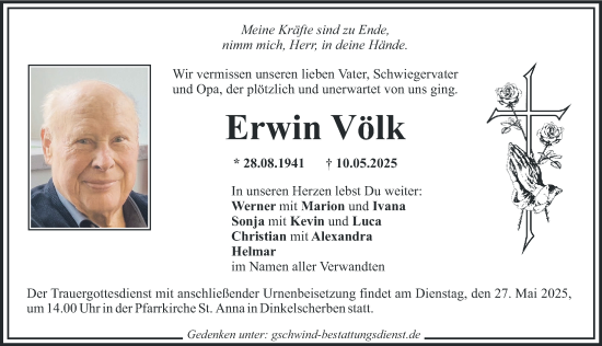 Traueranzeige von Erwin Völk von Mittelschwäbische Nachrichten, Augsburg-Land