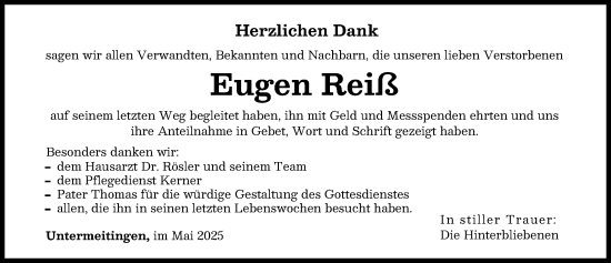 Traueranzeige von Eugen Reiß von Schwabmünchner Allgemeine