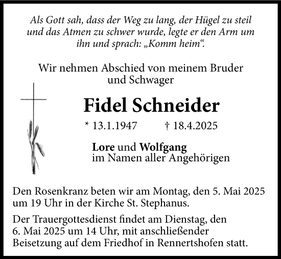 Traueranzeige von Fidel Schneider von Illertisser Zeitung