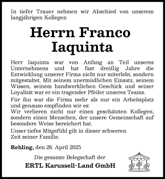 Traueranzeige von Franco Iaquinta von Augsburger Allgemeine