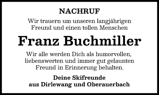 Traueranzeige von Franz Buchmiller von Mindelheimer Zeitung