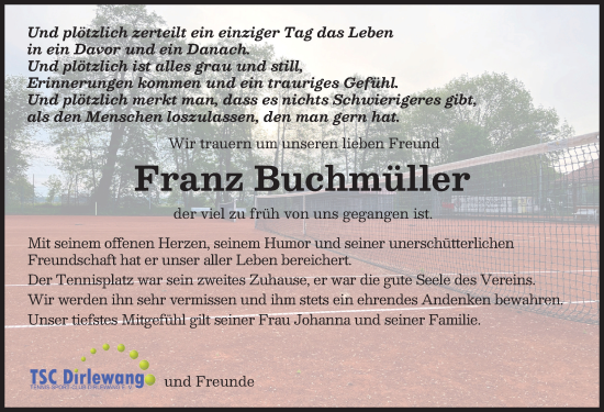 Traueranzeige von Franz Buchmüller von Mindelheimer Zeitung