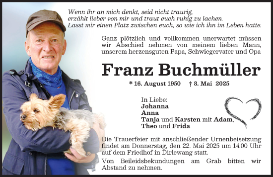 Traueranzeige von Franz Buchmüller von Mindelheimer Zeitung