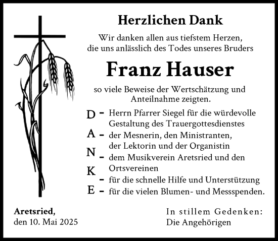 Traueranzeige von Franz Hauser von Augsburger Allgemeine