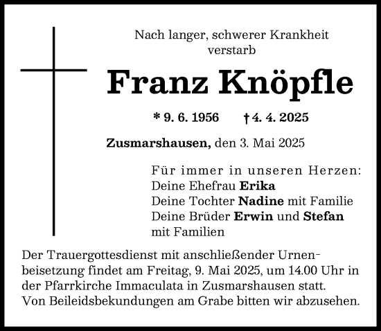 Traueranzeige von Franz Knöpfle von Augsburg-Land