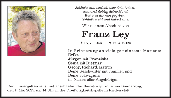 Traueranzeige von Franz Ley von Günzburger Zeitung