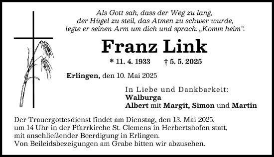 Traueranzeige von Franz Link von Augsburg-Land