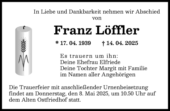 Traueranzeige von Franz Löffler von Augsburger Allgemeine