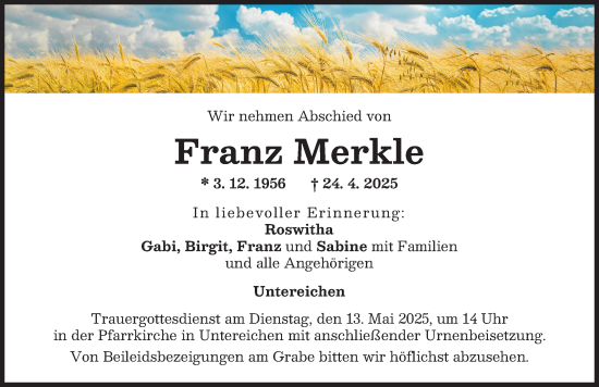 Traueranzeige von Franz Merkle von Illertisser Zeitung