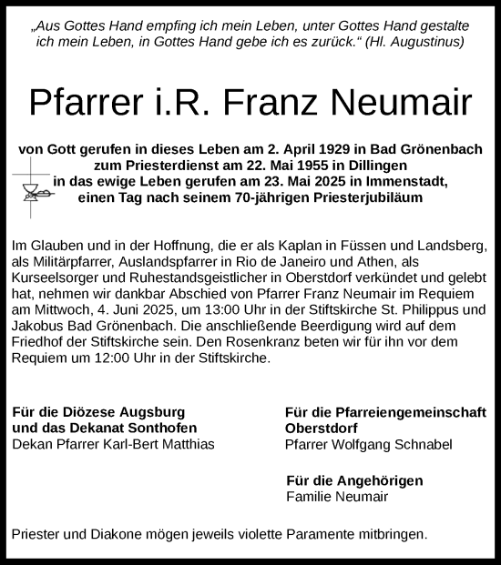 Traueranzeige von Franz Neumair von Augsburger Allgemeine
