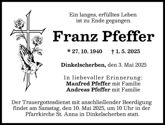 Traueranzeige von Franz Pfeffer von Augsburger Allgemeine