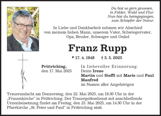 Traueranzeige von Franz Rupp von Landsberger Tagblatt
