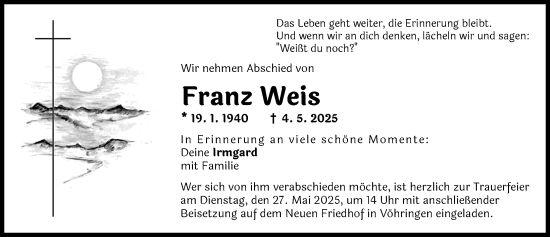 Traueranzeige von Franz Weis von Illertisser Zeitung