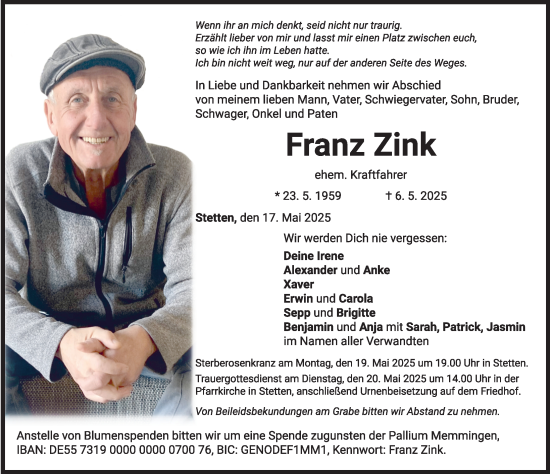 Traueranzeige von Franz Zink von Mindelheimer Zeitung