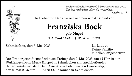 Traueranzeige von Franziska Bock von Friedberger Allgemeine