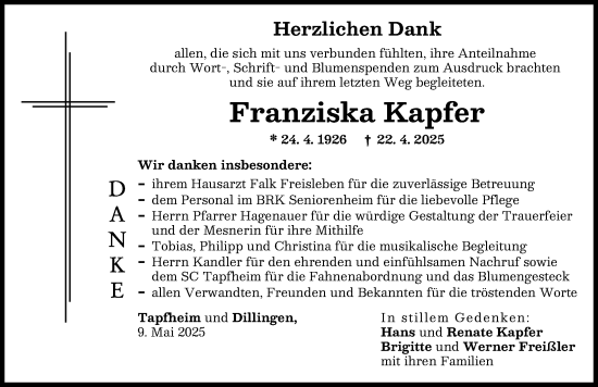 Traueranzeige von Franziska Kapfer von Donauwörther Zeitung
