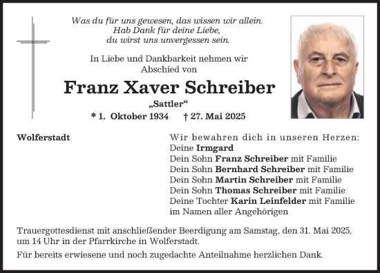 Traueranzeige von Franz Xaver Schreiber von Donauwörther Zeitung