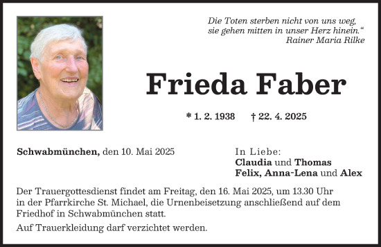 Traueranzeige von Frieda Faber von Schwabmünchner Allgemeine