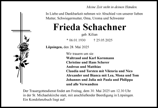 Traueranzeige von Frieda Schachner von Rieser Nachrichten