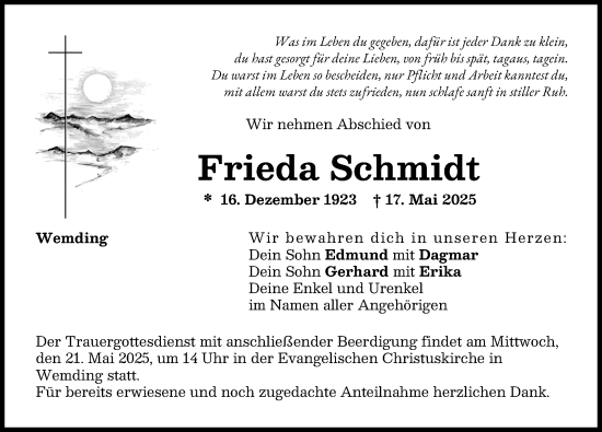 Traueranzeige von Frieda Schmidt von Donauwörther Zeitung