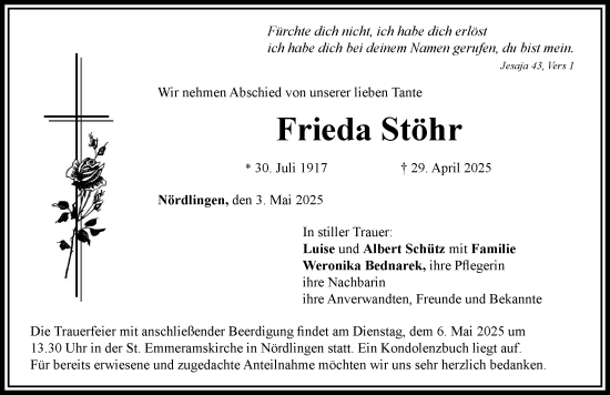 Traueranzeige von Frieda Stöhr von Rieser Nachrichten