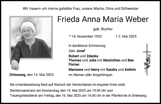 Traueranzeige von Frieda Anna Maria Weber von Mindelheimer Zeitung