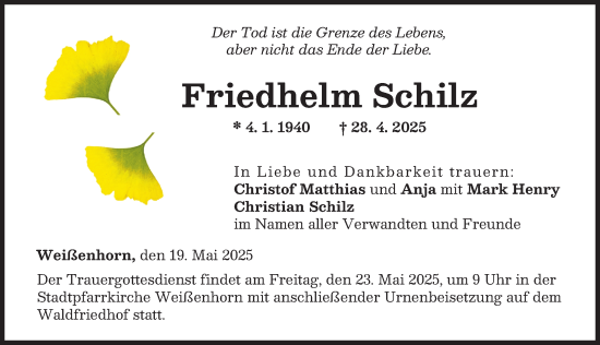 Traueranzeige von Friedhelm Schilz von Neu-Ulmer Zeitung