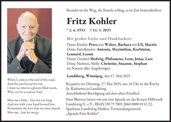 Traueranzeige von Fritz Kohler von Landsberger Tagblatt