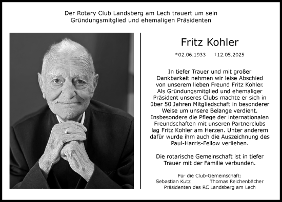 Traueranzeige von Fritz Kohler von Landsberger Tagblatt
