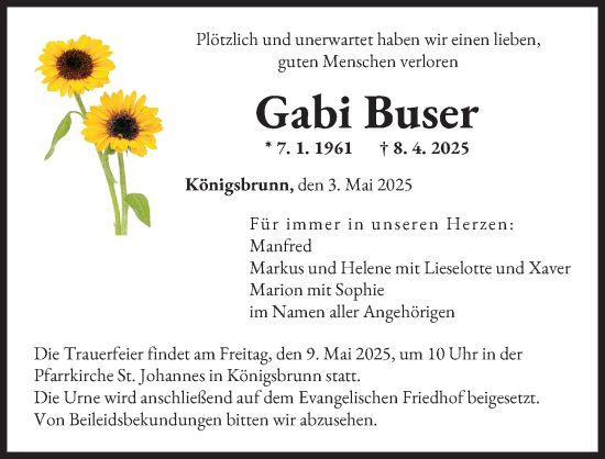 Traueranzeige von Gabi Buser von Augsburger Allgemeine