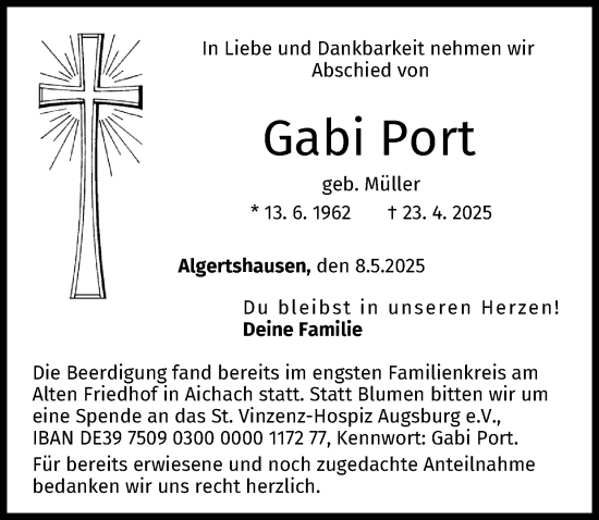Traueranzeige von Gabi Port von Augsburger Allgemeine