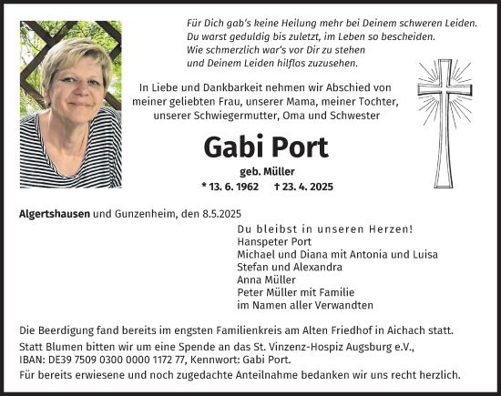Traueranzeige von Gabi Port von Aichacher Nachrichten