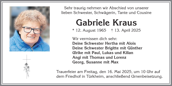 Traueranzeige von Gabriele Kraus von Mindelheimer Zeitung