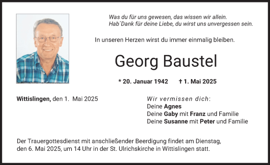 Traueranzeige von Georg Baustel von Donau Zeitung