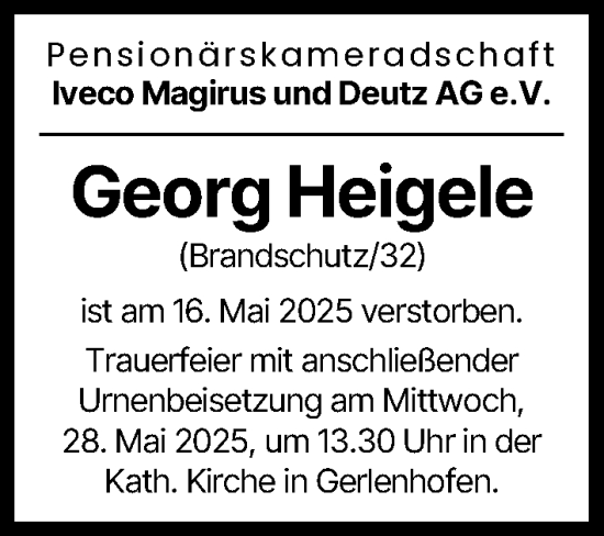 Traueranzeige von Georg Heigele von Neu-Ulmer Zeitung, Günzburger Zeitung, Illertisser Zeitung
