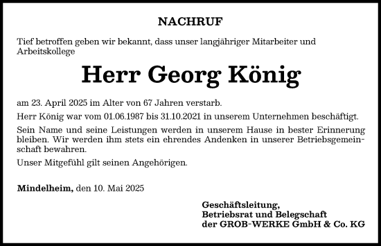 Traueranzeige von Georg König von Mindelheimer Zeitung