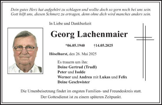 Traueranzeige von Georg Lachenmaier von Mittelschwäbische Nachrichten