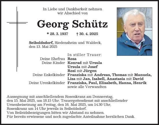 Traueranzeige von Georg Schütz von Neuburger Rundschau