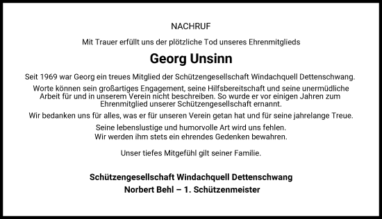Traueranzeige von Georg Unsinn von Landsberger Tagblatt
