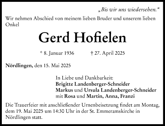 Traueranzeige von Gerd Hofielen von Rieser Nachrichten