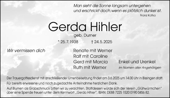 Traueranzeige von Gerda Hihler von Donauwörther Zeitung, Donau Zeitung