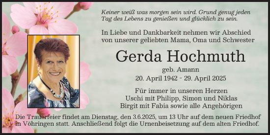 Traueranzeige von Gerda Hochmuth von Illertisser Zeitung
