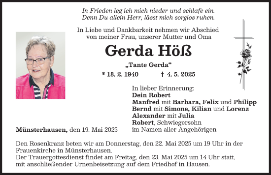 Traueranzeige von Gerda Höß von Mittelschwäbische Nachrichten