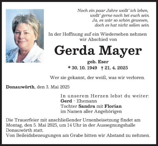 Traueranzeige von Gerda Mayer von Donauwörther Zeitung